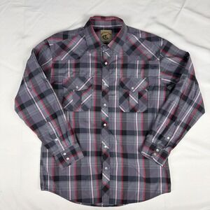 Coevals Club Mens Western Shirt Grey Red Black Plaid Snap Button Long Sleeve L